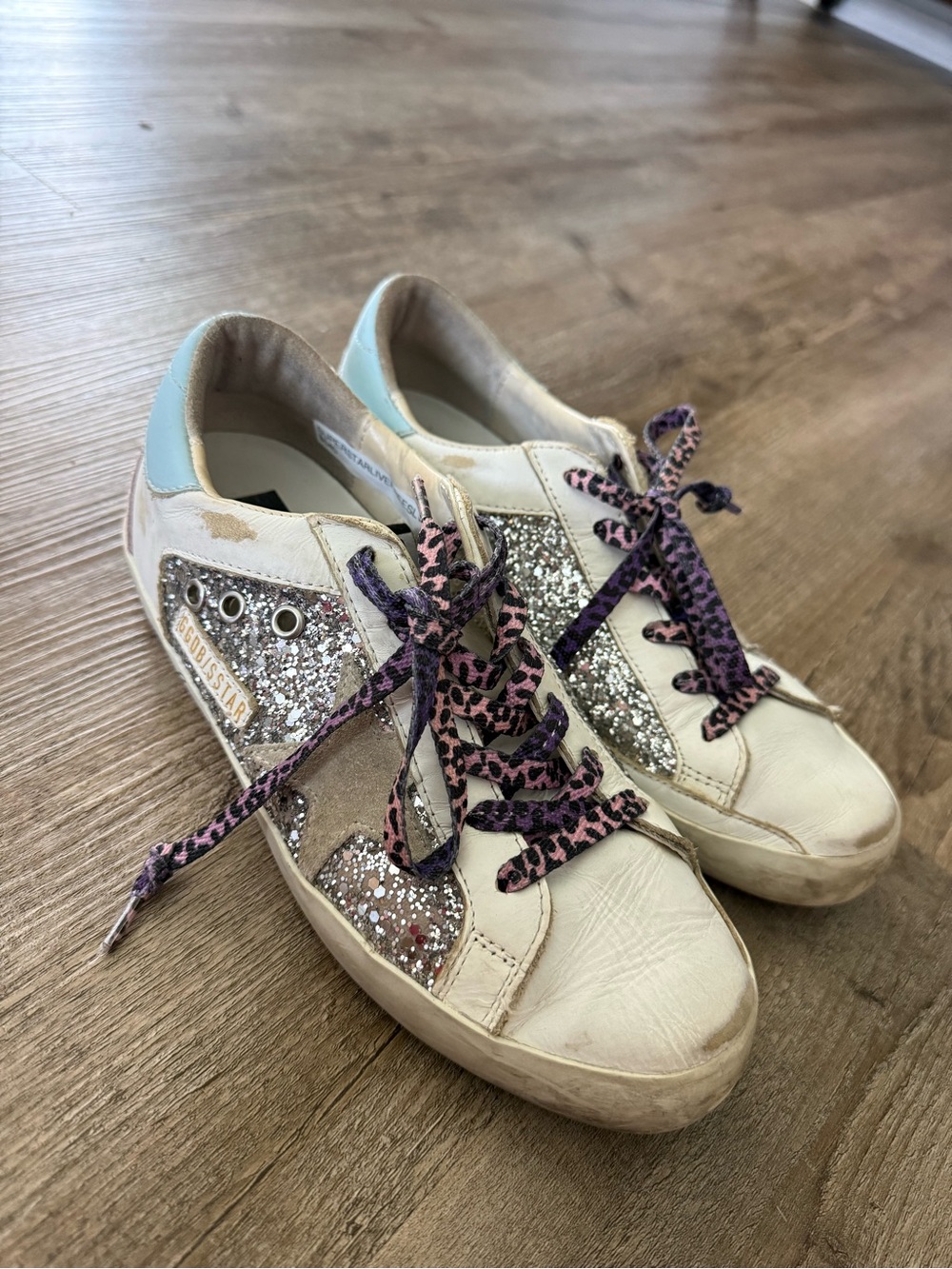 Golden Goose White Glitter Low-Top Sneakers with Pink and Purple Leopard Laces
